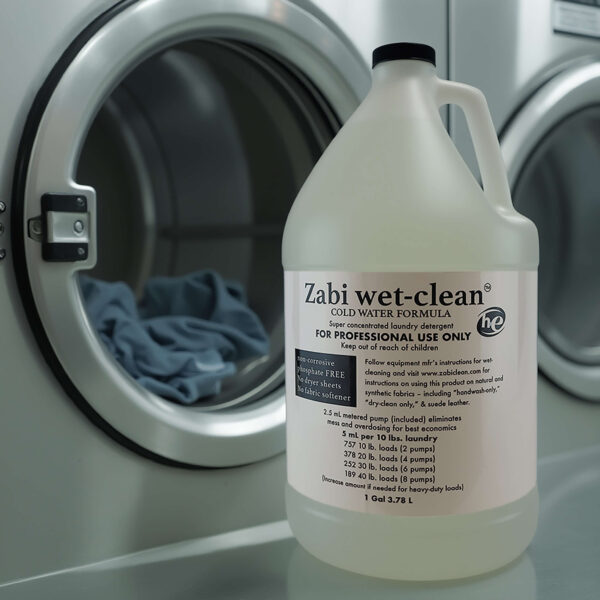 Zabi wet-clean next to a professional laundry machine